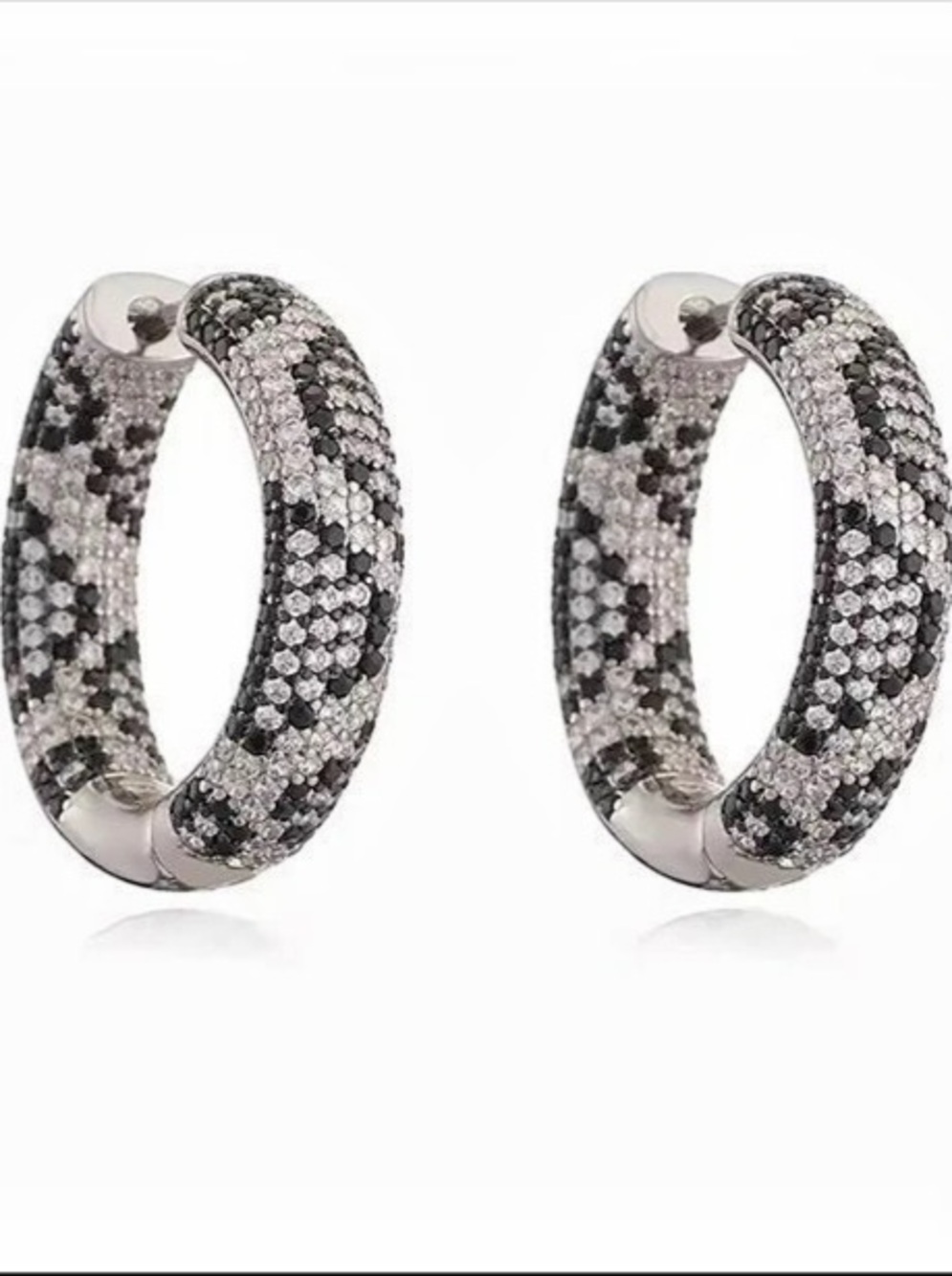 New Leopard Skin Pave Diamond CZ Hoop Earrings in Sterling Silver Black